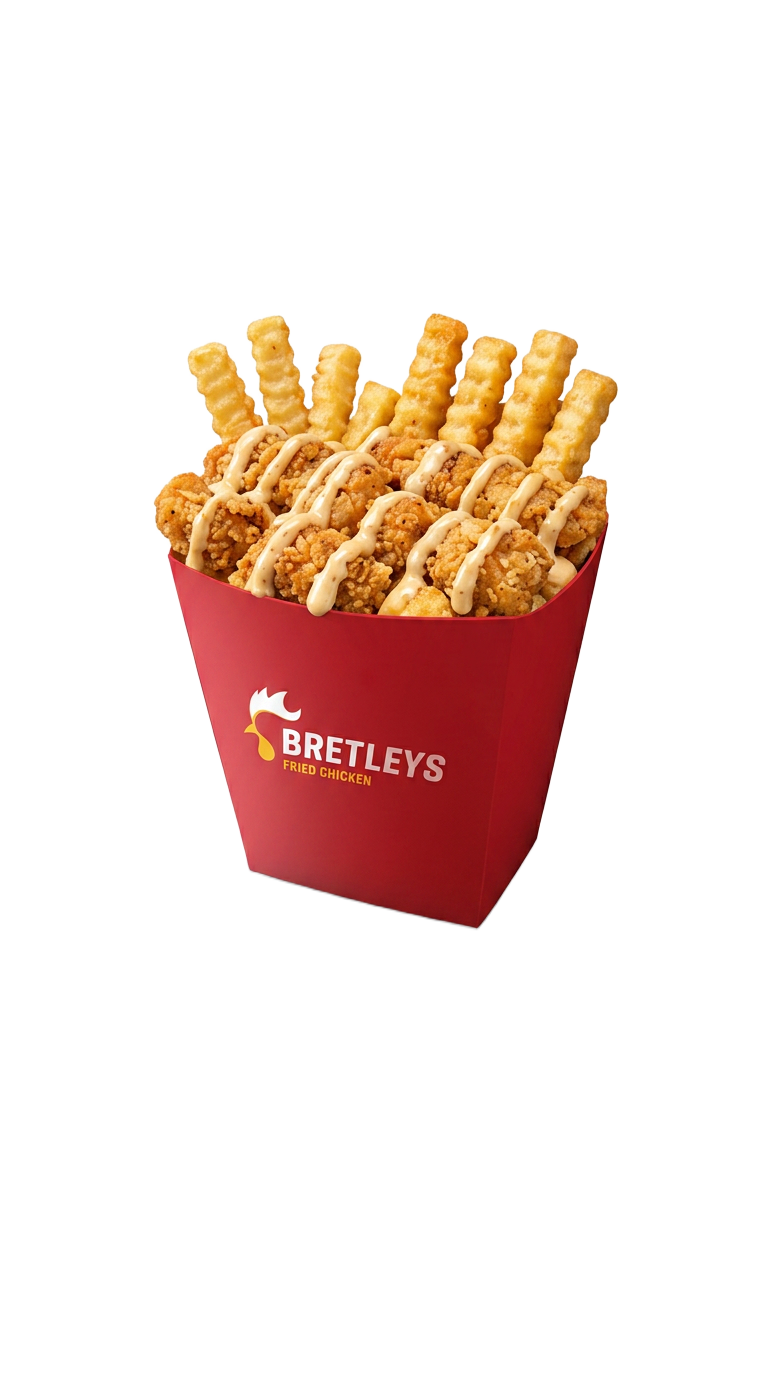 Bretleys loaded crinkle fries with chicken and sauce drizzle