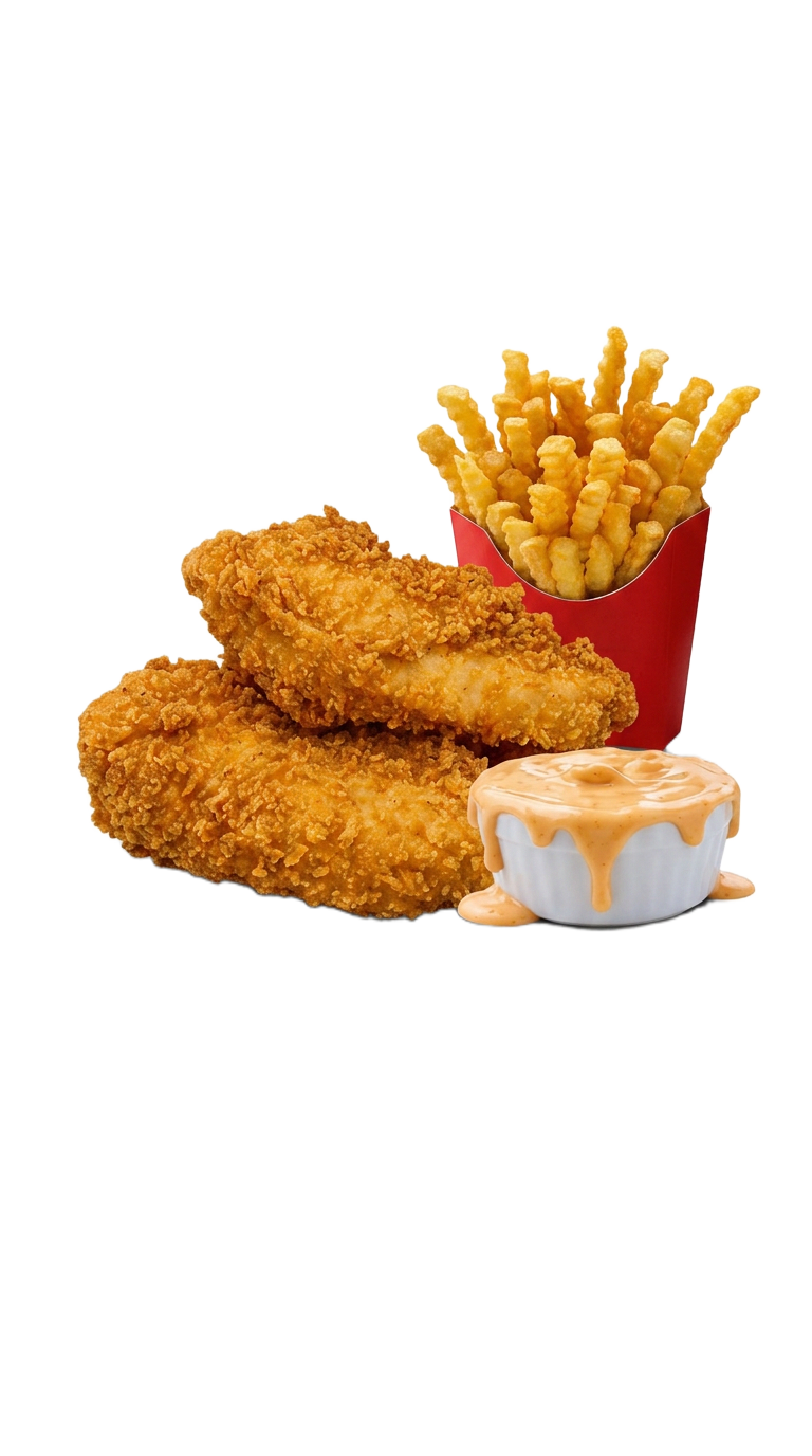 Bretleys crispy chicken tenders with crinkle fries and dip